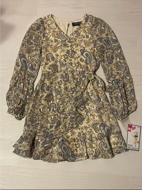 Three Hearts Cream & Brown Paisley Ruffle Wrap Dress with Tie